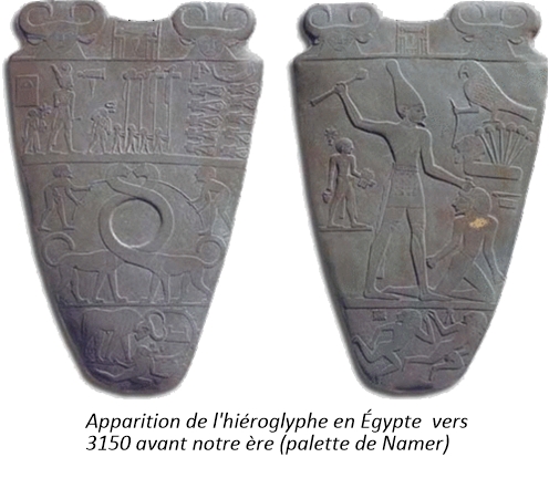 Apparition de l'hi�roglyphe en �gypte  vers 3150 avant notre �re (palette de Namer)