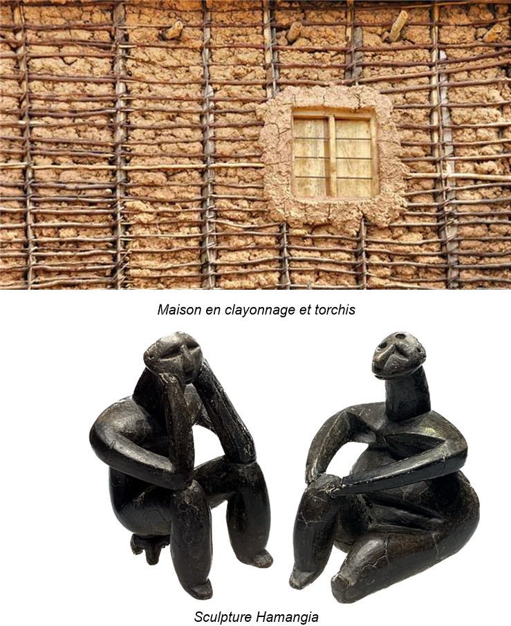 Maison en clayonnage et torchis et sculpture Hamangia